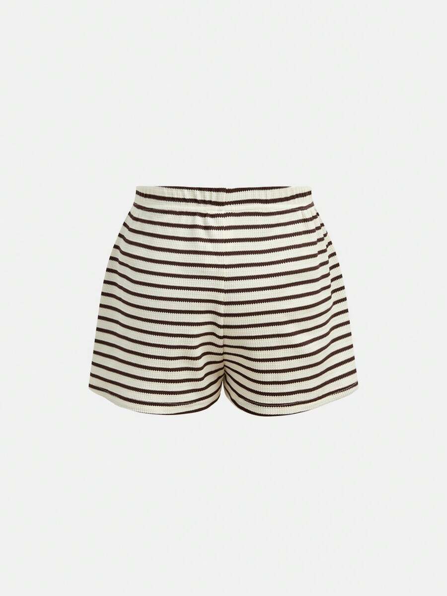 Tween girls apricot striped knit camisole top with button front paired with matching casual elastic waist shorts