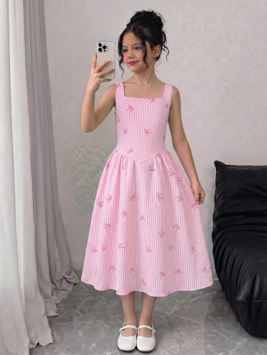 Tween girls pink floral sleeveless A-line midi dress featuring round neck, high waist with belt, contrast lace, and zipper back.