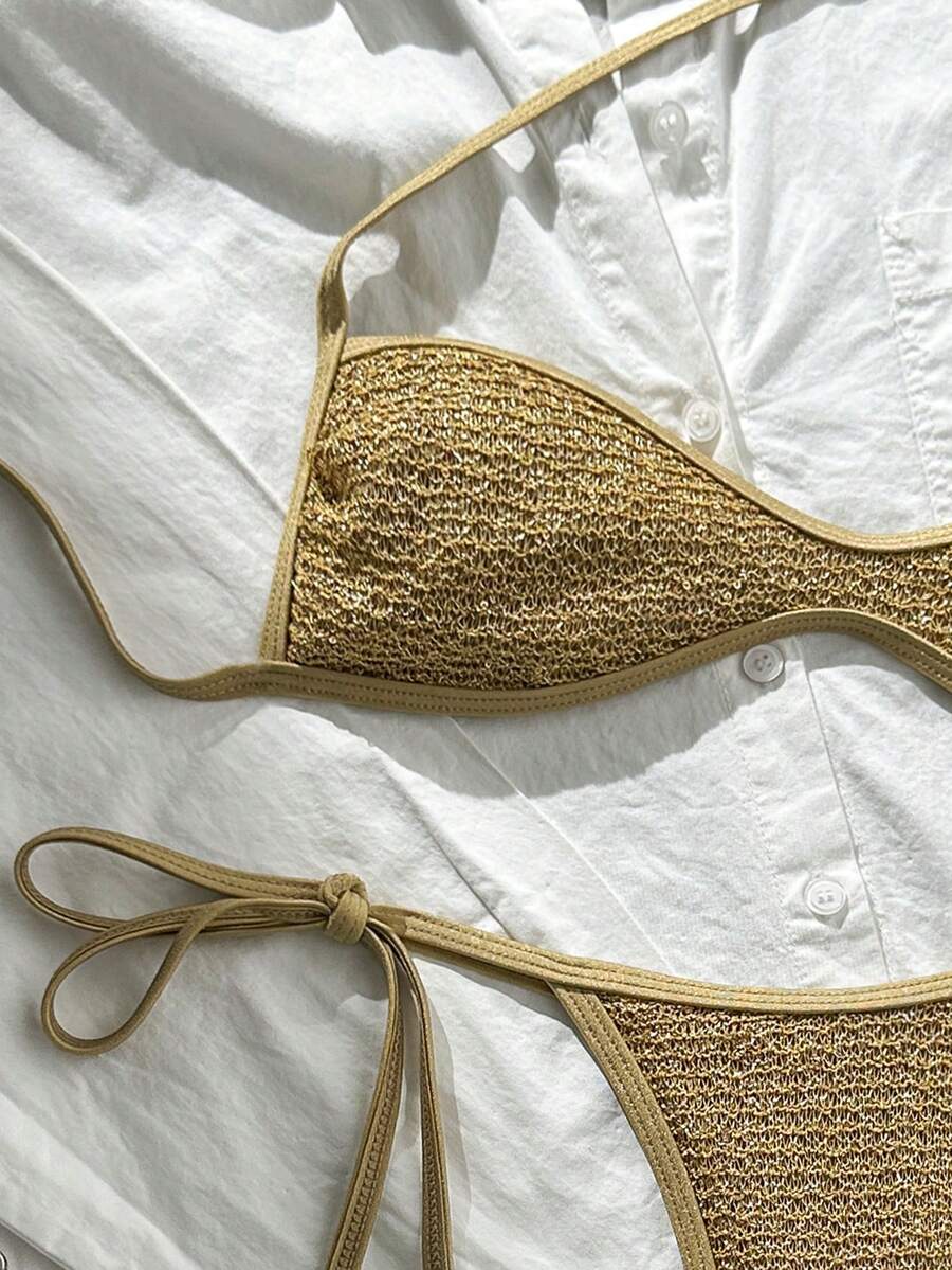 Apricot 2-piece sequin textured halter bikini set featuring a wireless top with lace-up backless ties and matching low-waist side-tie thong bottoms.