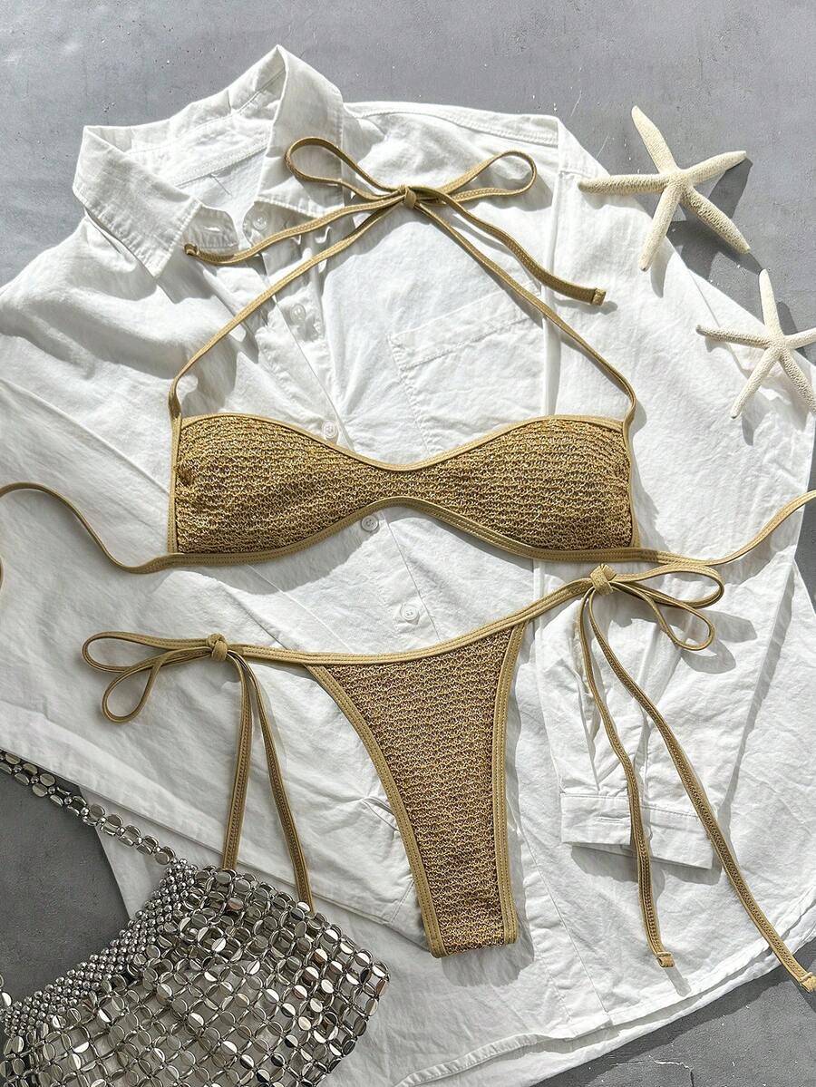 Apricot 2-piece sequin textured halter bikini set featuring a wireless top with lace-up backless ties and matching low-waist side-tie thong bottoms.