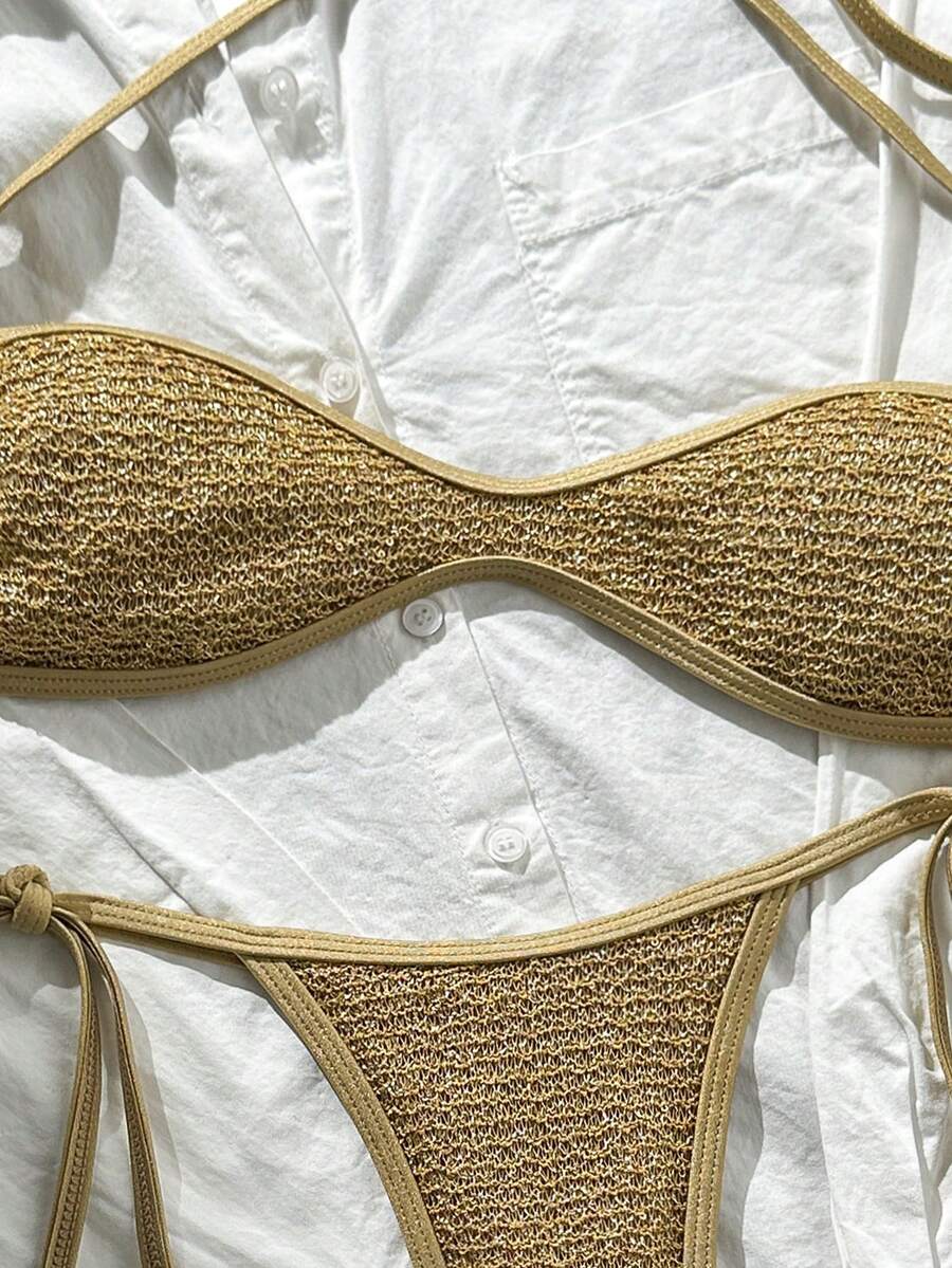Apricot 2-piece sequin textured halter bikini set featuring a wireless top with lace-up backless ties and matching low-waist side-tie thong bottoms.
