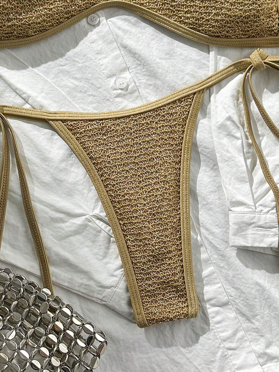 Apricot 2-piece sequin textured halter bikini set featuring a wireless top with lace-up backless ties and matching low-waist side-tie thong bottoms.