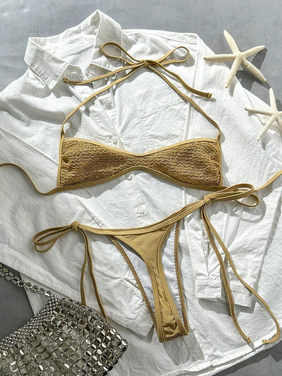 Apricot 2-piece sequin textured halter bikini set featuring a wireless top with lace-up backless ties and matching low-waist side-tie thong bottoms.