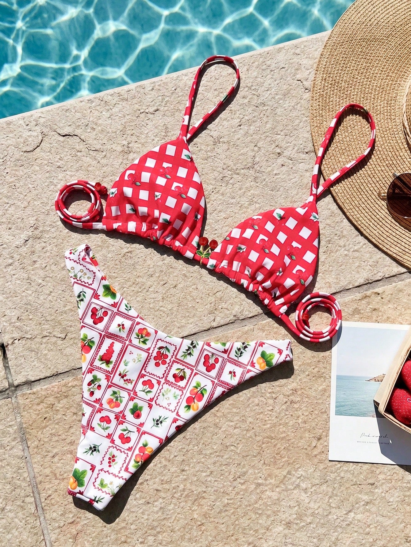 Women's two-piece halter bikini set featuring high cut thong bottoms and removable padding