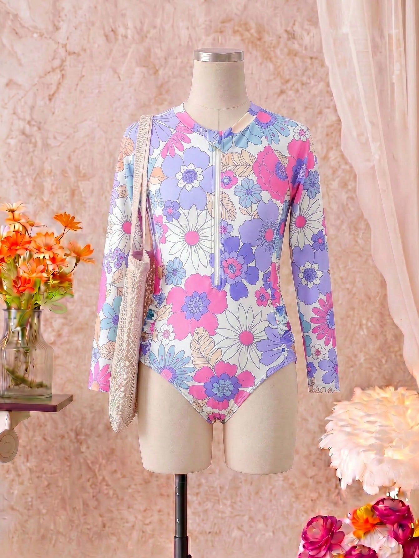 Purple floral one-piece swimsuit for tween girls with high neck, zipper detail, wireless bra design, and mid-waist bottom