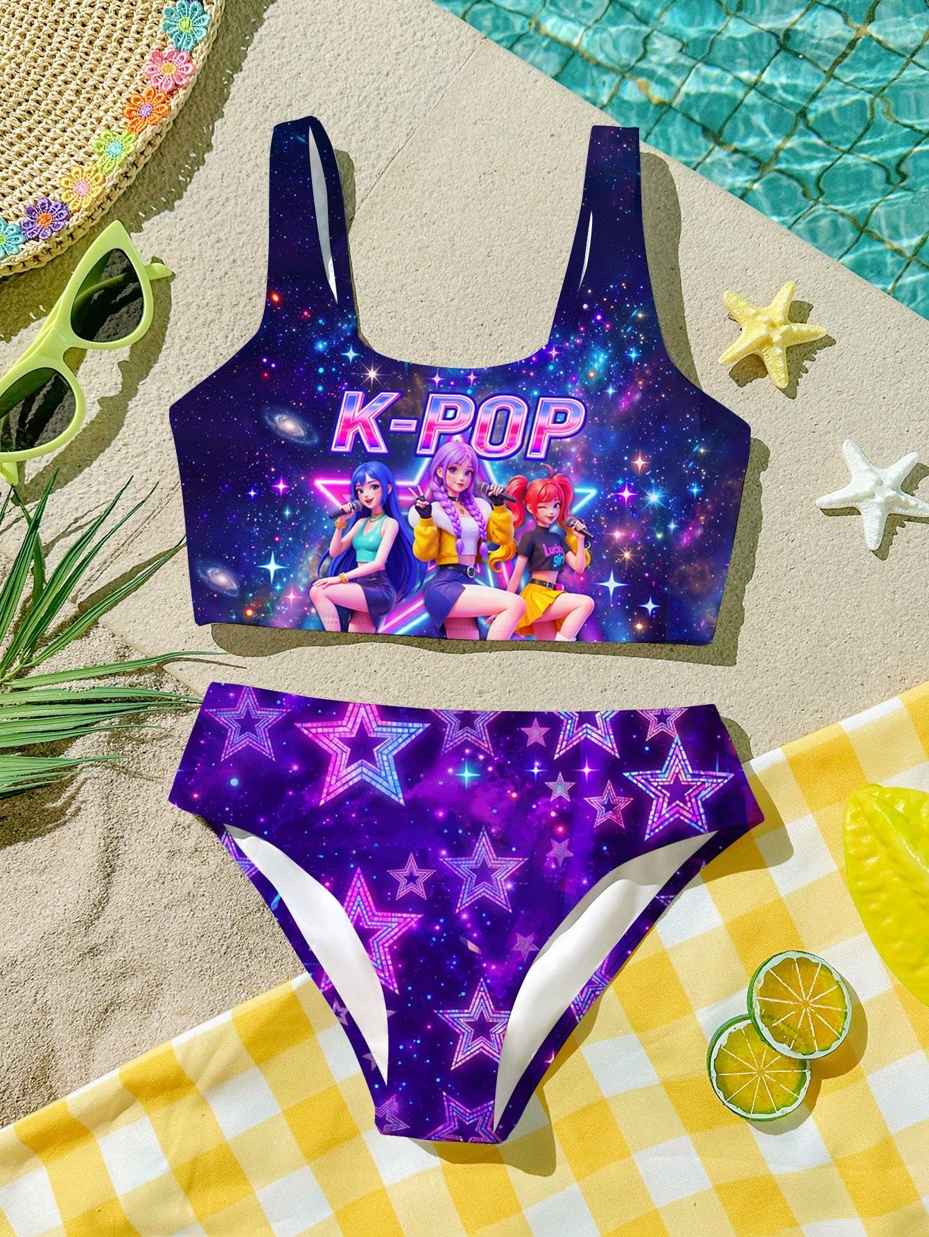 Tween Girls' Casual Colorful Y2K Dopamine Floral, Beach Vacation Style, Graphic Print Camisole And Triangle Bikini Swimwear Set, Suitable For Summer