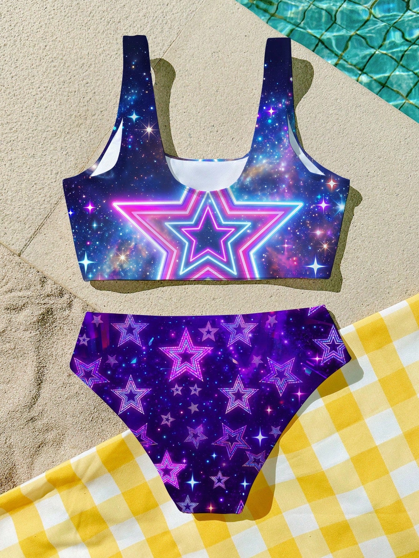 Tween Girls' Casual Colorful Y2K Dopamine Floral, Beach Vacation Style, Graphic Print Camisole And Triangle Bikini Swimwear Set, Suitable For Summer