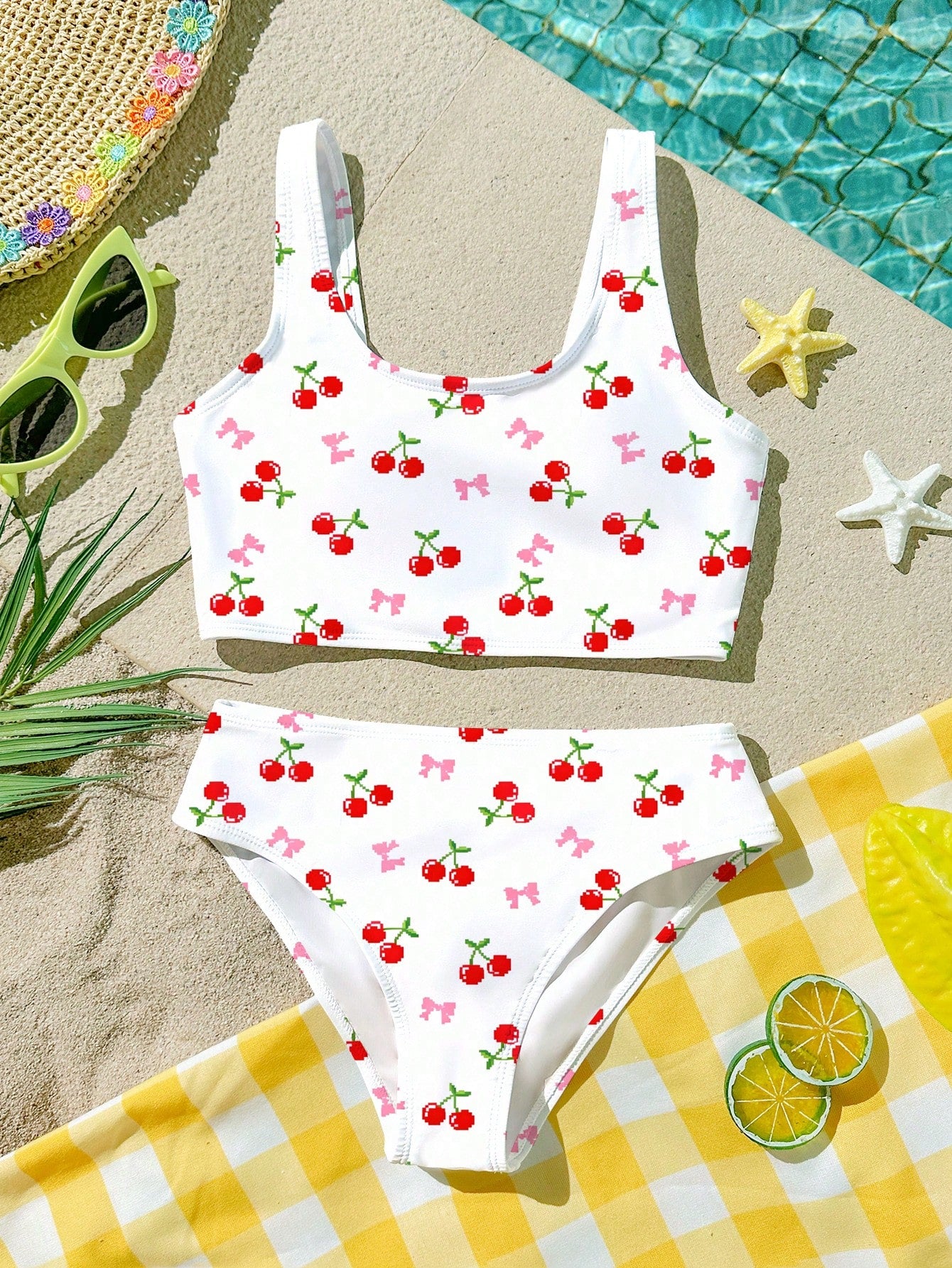 Tween Girls' Casual Colorful Y2K Dopamine Floral, Beach Vacation Style, Graphic Print Camisole And Triangle Bikini Swimwear Set, Suitable For Summer