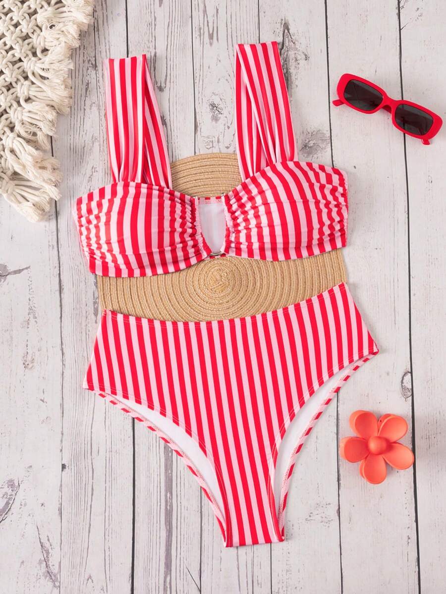 Springbreak black high waist bikini set for women featuring wireless bra top with ruffle lettuce trim and V-wired detail.