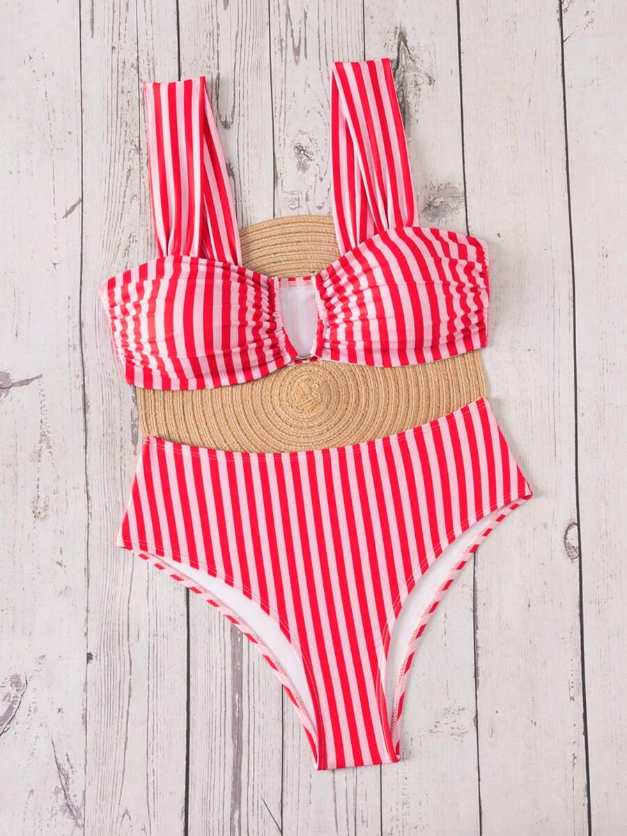 Springbreak black high waist bikini set for women featuring wireless bra top with ruffle lettuce trim and V-wired detail.