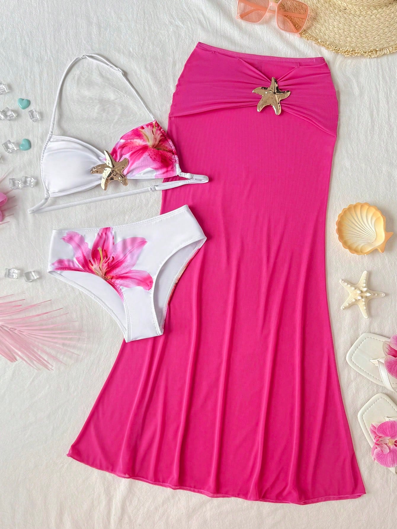 Tween Girl Knitted Blue Bikini Set With Beach-Ready Starfish Details Mermaid Outfit For Summer Vacation