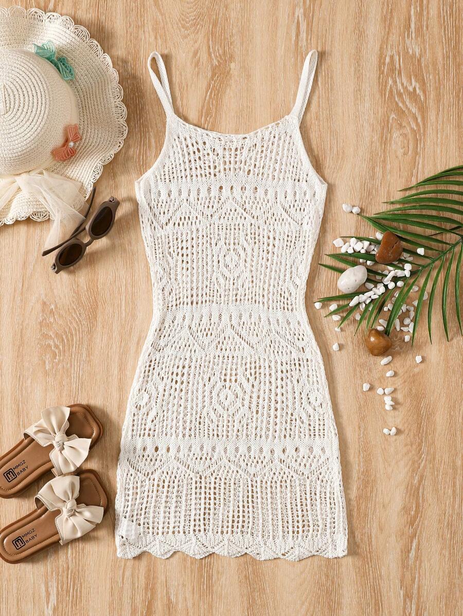Girls' Summer Crochet Mesh Cami Dress Cover-Up, White Casual Beach Vacation Tween Girl
