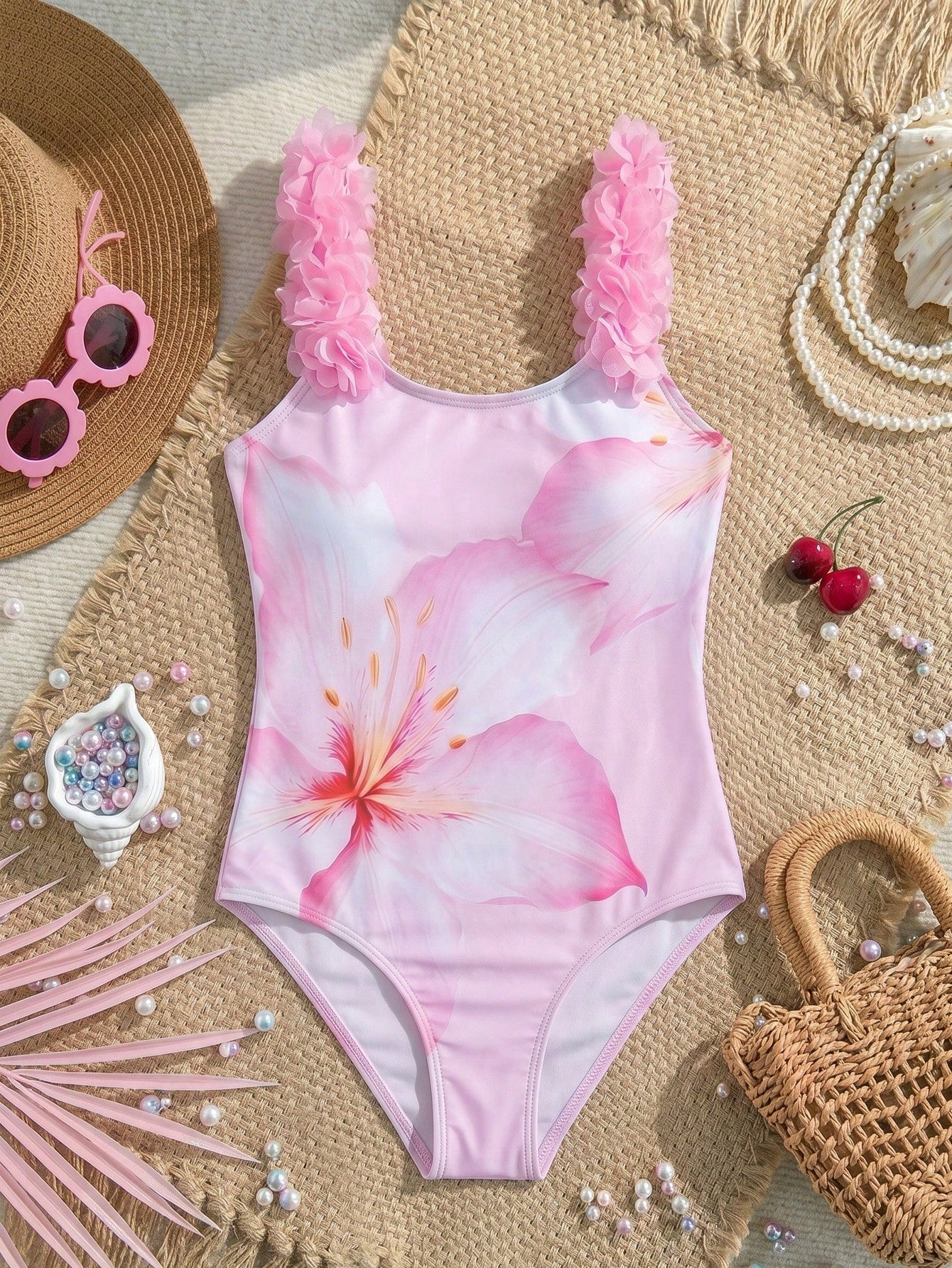 Tween girls one-piece swimsuit with 3D floral applique details, plant graphics, scoop neck, fitted shape, and lined body for beach and vacation wear.