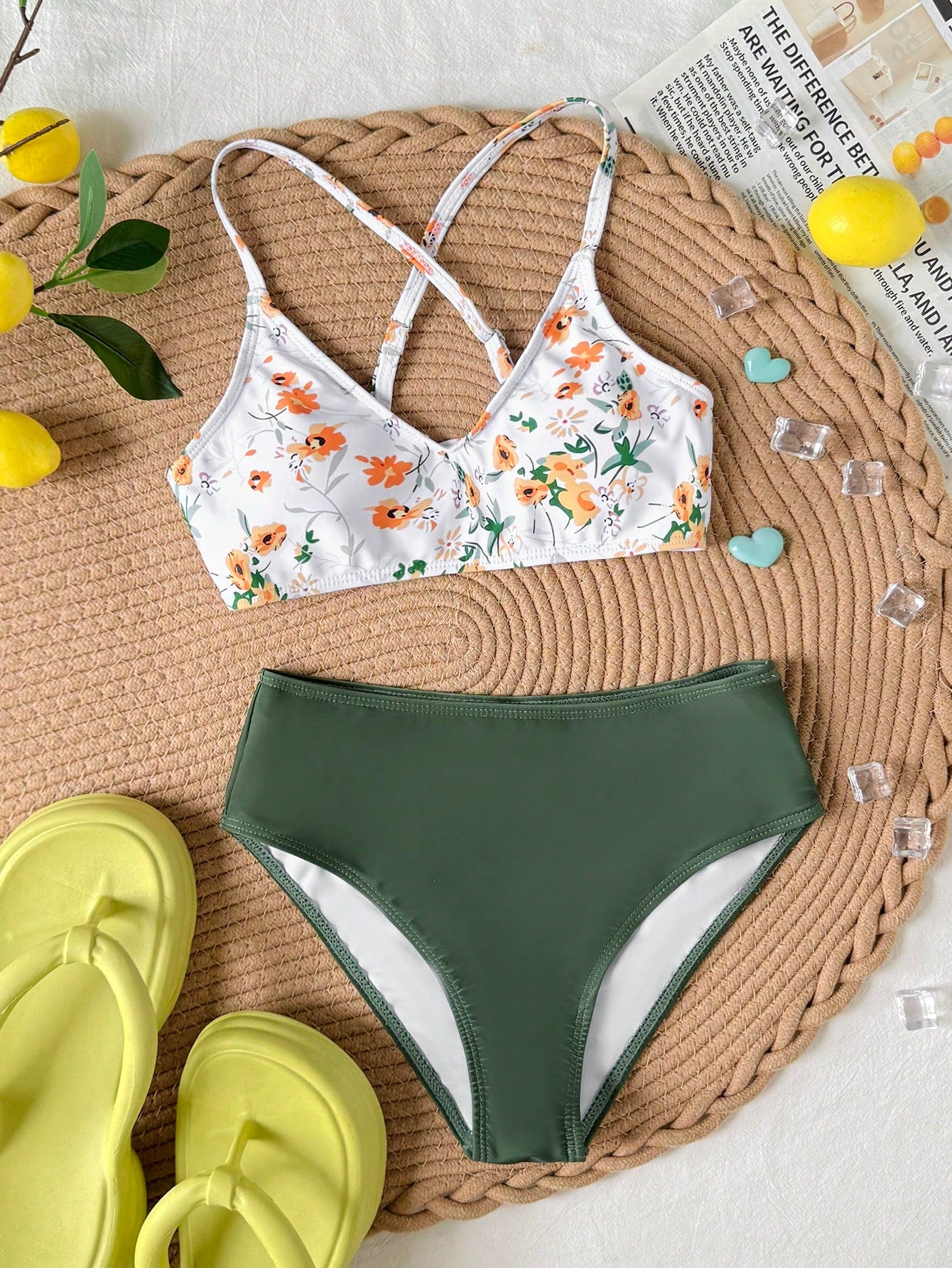 Tween girls green colorblock two-piece bikini set with spaghetti straps, sleeveless wireless top, and lined mid-waist bottoms for beach vacation wear