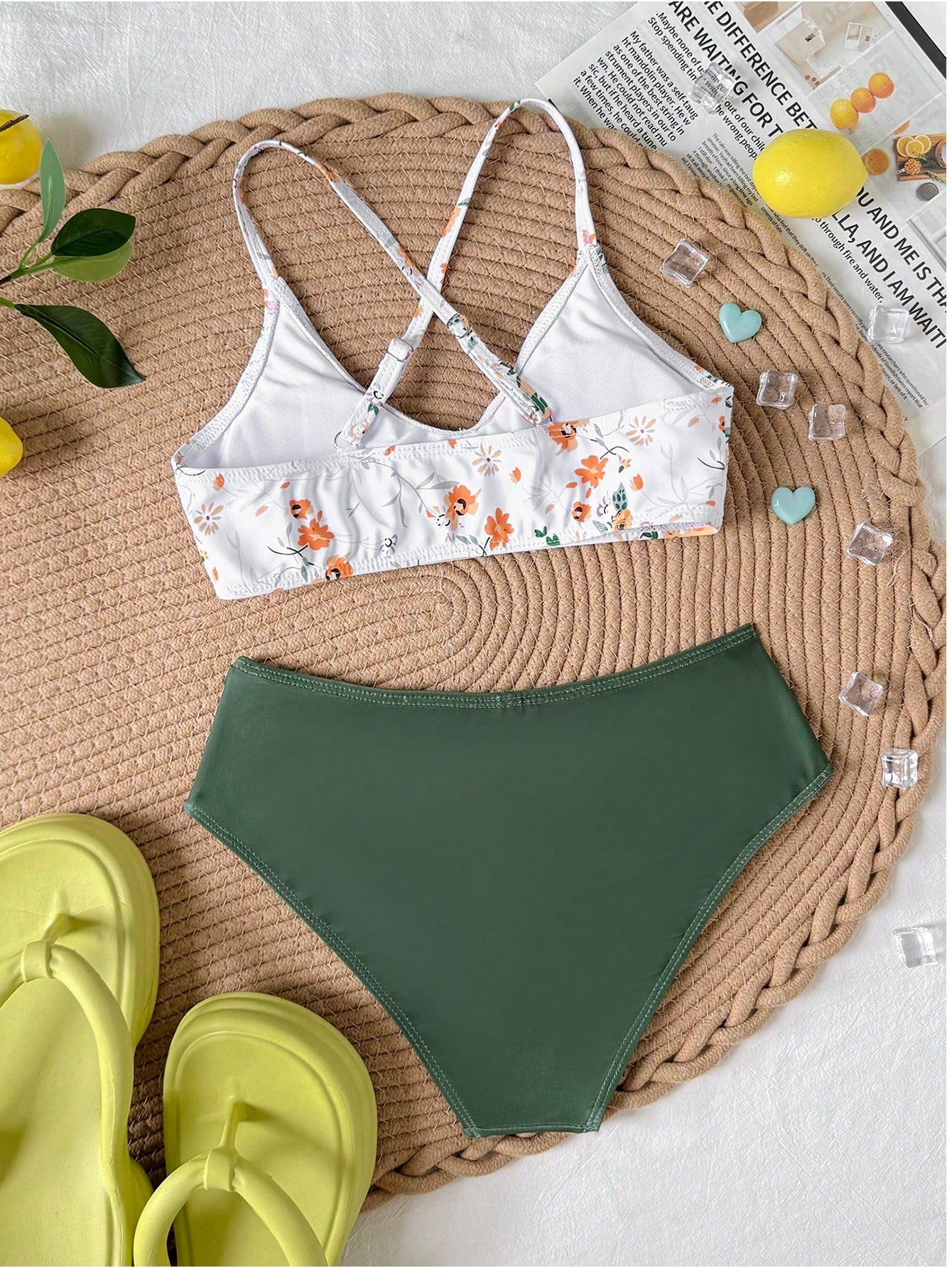 Tween girls green colorblock two-piece bikini set with spaghetti straps, sleeveless wireless top, and lined mid-waist bottoms for beach vacation wear