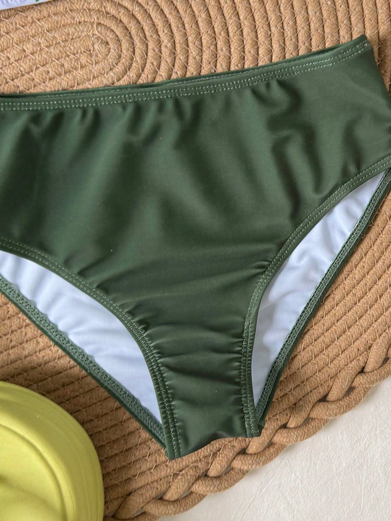 Tween girls green colorblock two-piece bikini set with spaghetti straps, sleeveless wireless top, and lined mid-waist bottoms for beach vacation wear