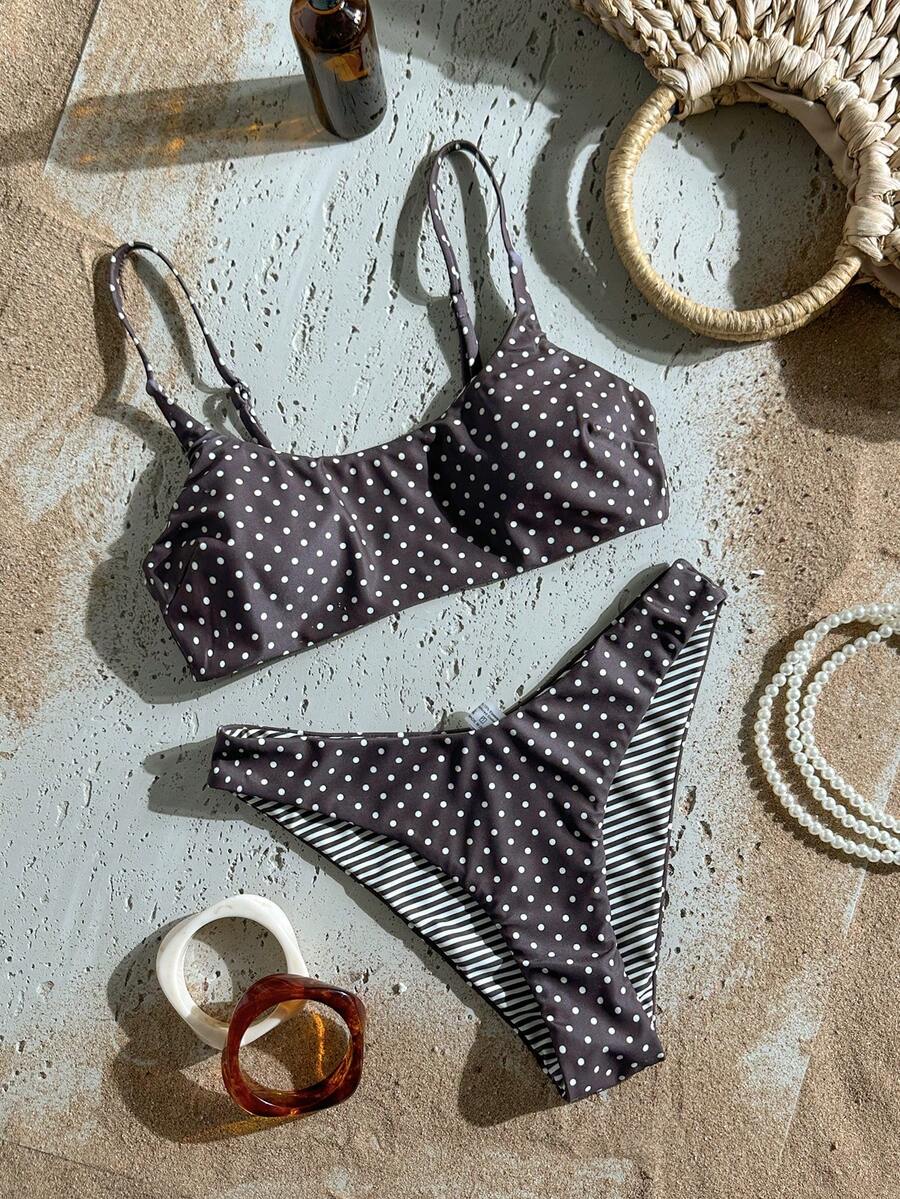 Apricot ribbed high waist two piece bikini swimsuit set for women featuring backless spaghetti strap top and high waisted bottoms.