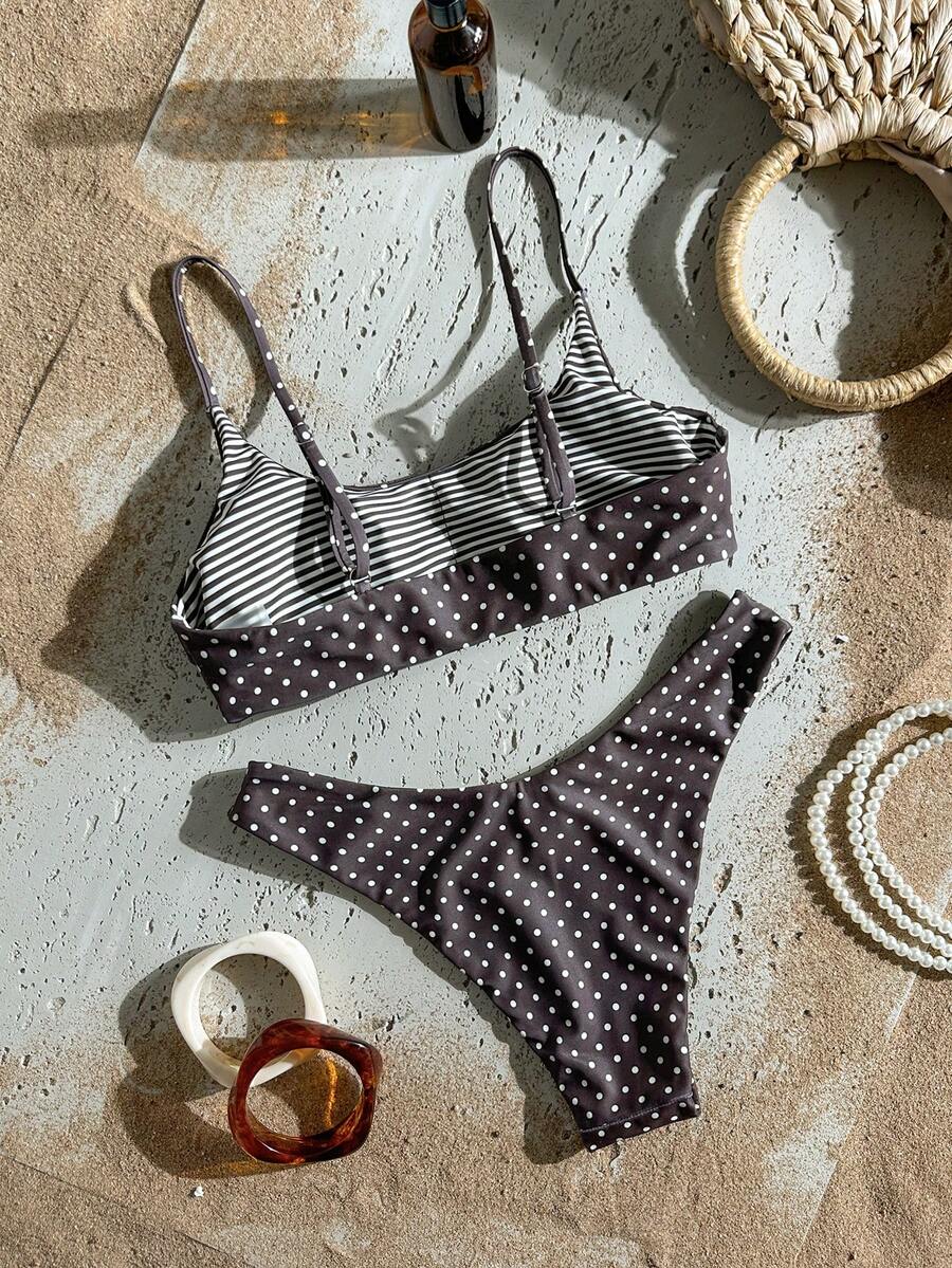 Apricot ribbed high waist two piece bikini swimsuit set for women featuring backless spaghetti strap top and high waisted bottoms.