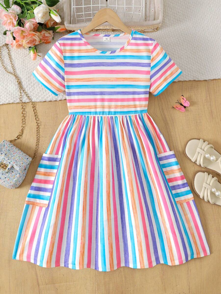 Tween girls casual colorblock short sleeve dress featuring a round neck, high waist flared hem, and button-front details.