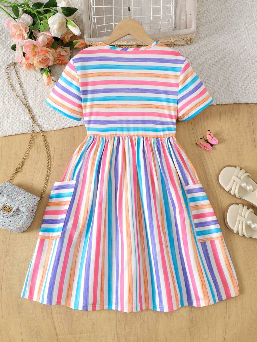 Tween girls casual colorblock short sleeve dress featuring a round neck, high waist flared hem, and button-front details.