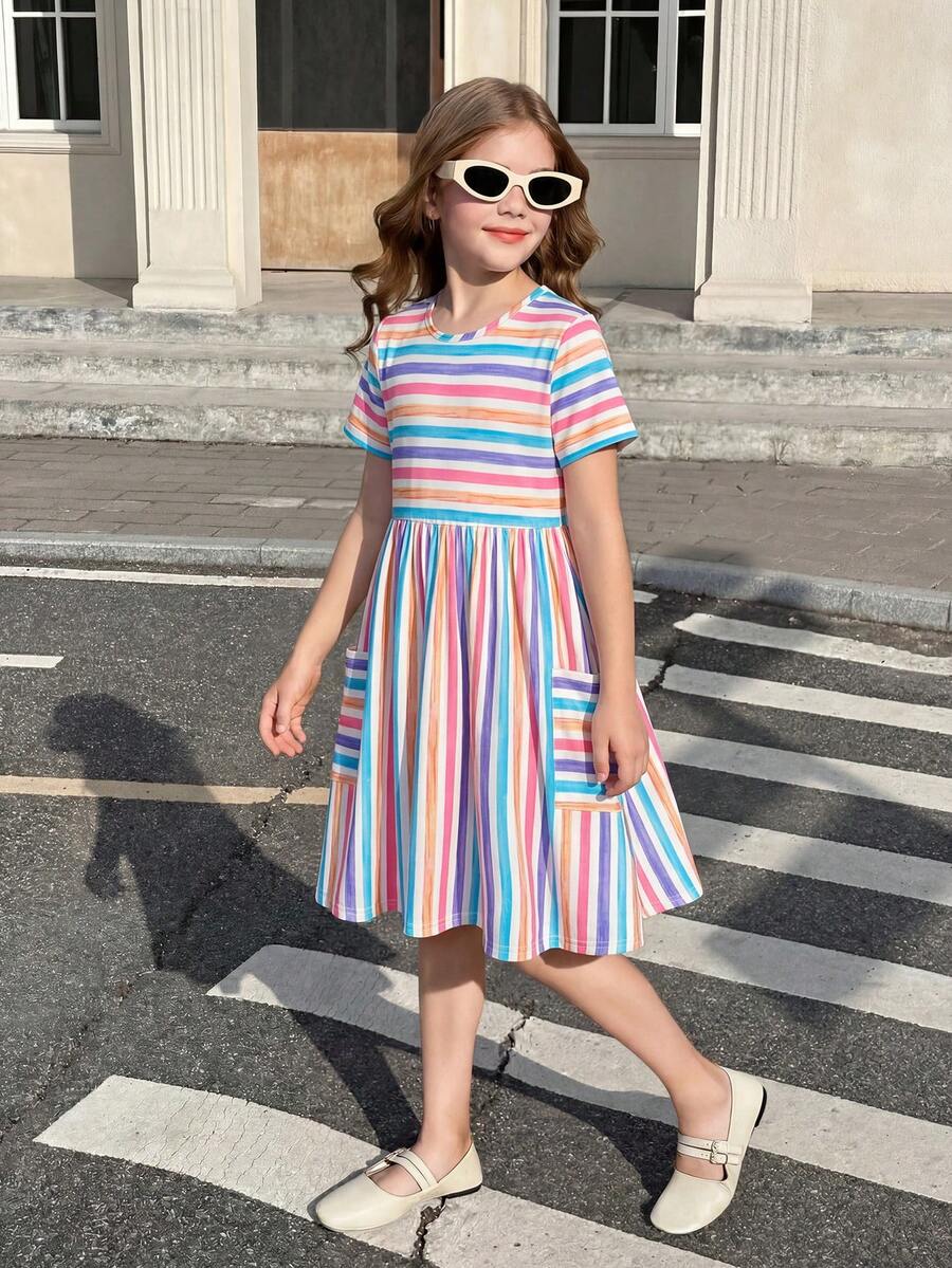 Tween girls casual colorblock short sleeve dress featuring a round neck, high waist flared hem, and button-front details.