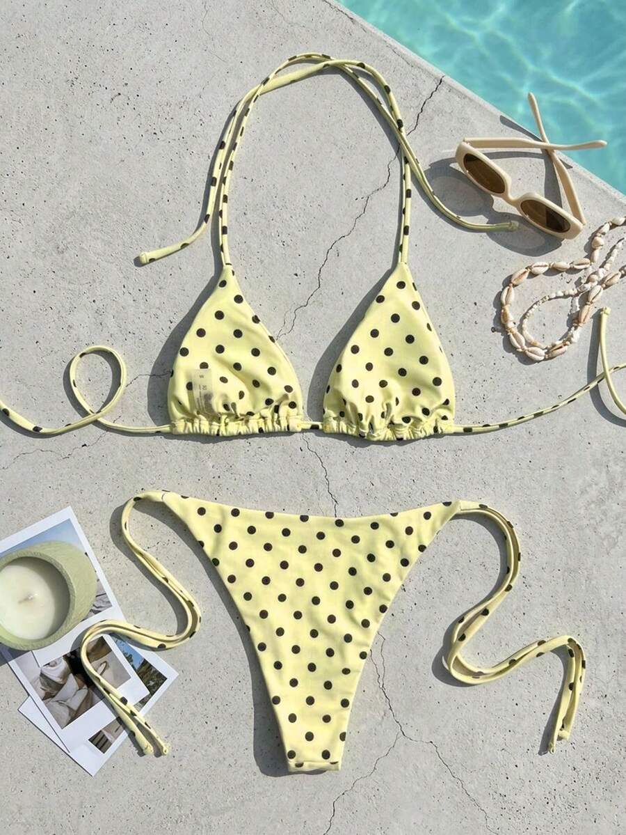 Women's high waist 2-piece triangle bikini set featuring colorblock trim, halter neckline, wireless bra with removable padding, and tie-side bottoms.