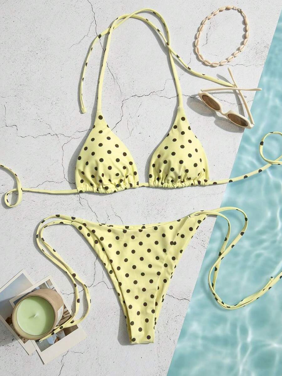 Women's high waist 2-piece triangle bikini set featuring colorblock trim, halter neckline, wireless bra with removable padding, and tie-side bottoms.