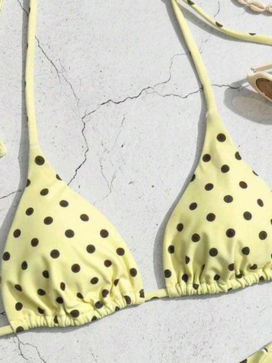 Women's high waist 2-piece triangle bikini set featuring colorblock trim, halter neckline, wireless bra with removable padding, and tie-side bottoms.