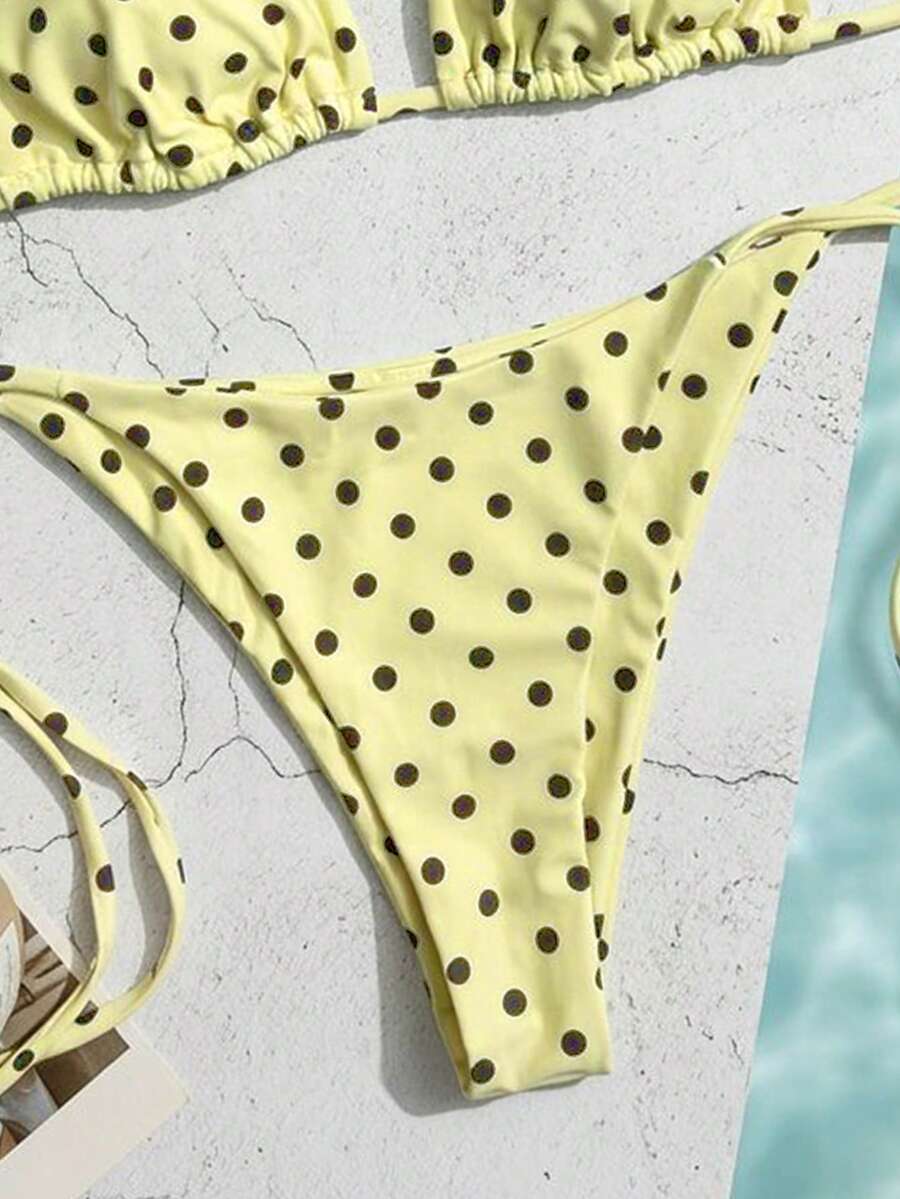 Women's high waist 2-piece triangle bikini set featuring colorblock trim, halter neckline, wireless bra with removable padding, and tie-side bottoms.