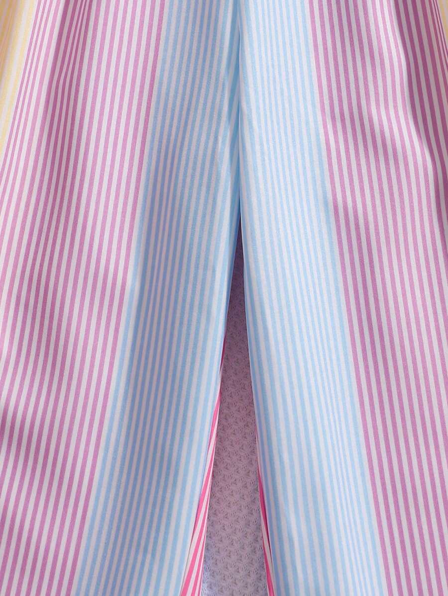 Girls 2-piece summer outfit set featuring a blue bow print camisole top with spaghetti straps and matching high-waisted straight leg pants.