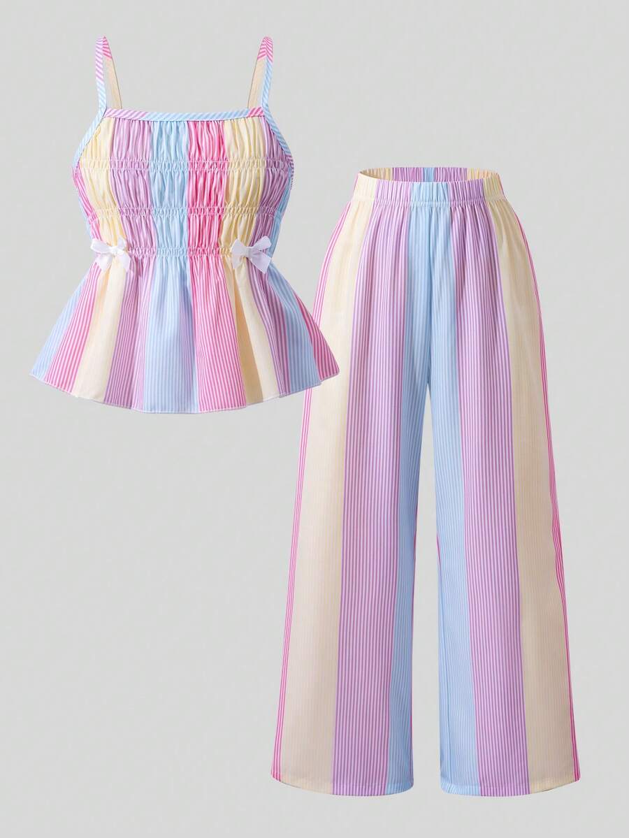 Girls 2-piece summer outfit set featuring a blue bow print camisole top with spaghetti straps and matching high-waisted straight leg pants.