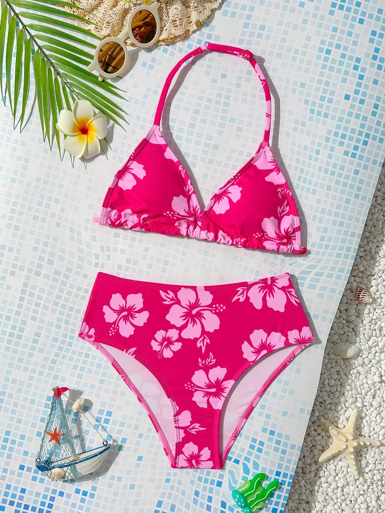Tween Girl Tankini Swimwear Set, Pink Floral Print, Summer Beach Vacation