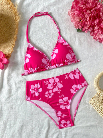 Tween Girl Tankini Swimwear Set, Pink Floral Print, Summer Beach Vacation