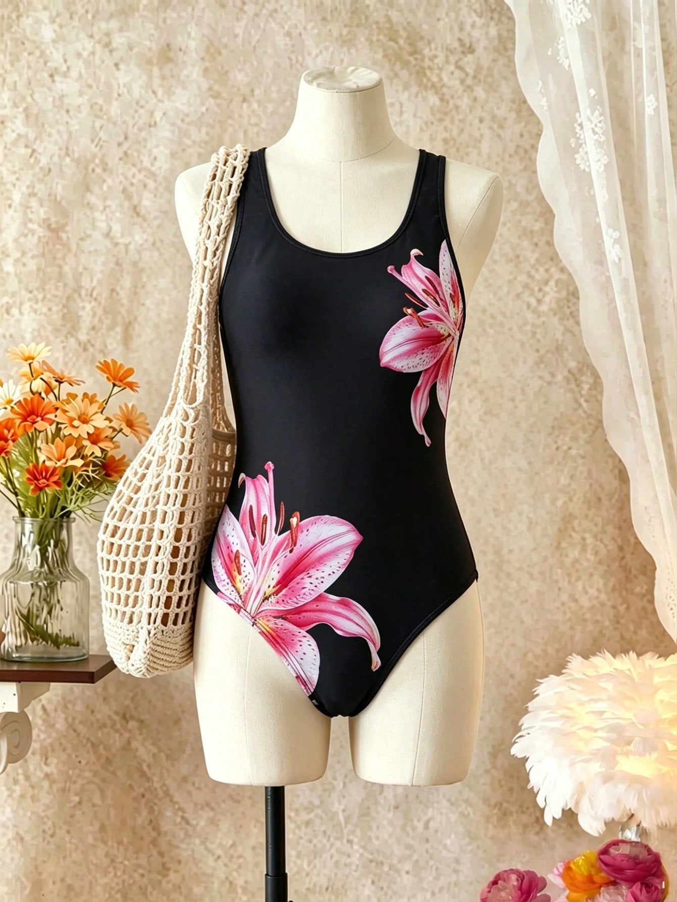 Tween girls one-piece swimsuit with a black base and multicolor tropical plant print featuring bamboo, palm leaves, plumeria flowers, scoop neck, and wide straps.