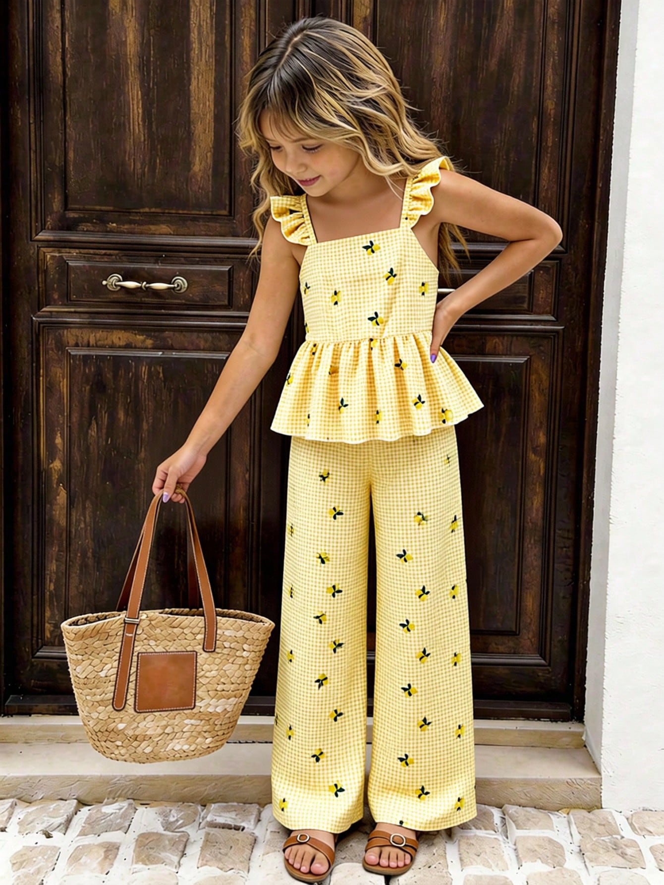 Tween girl wearing an apricot 2-piece outfit set featuring a shirred spaghetti strap short cami top and matching wide-leg long pants.