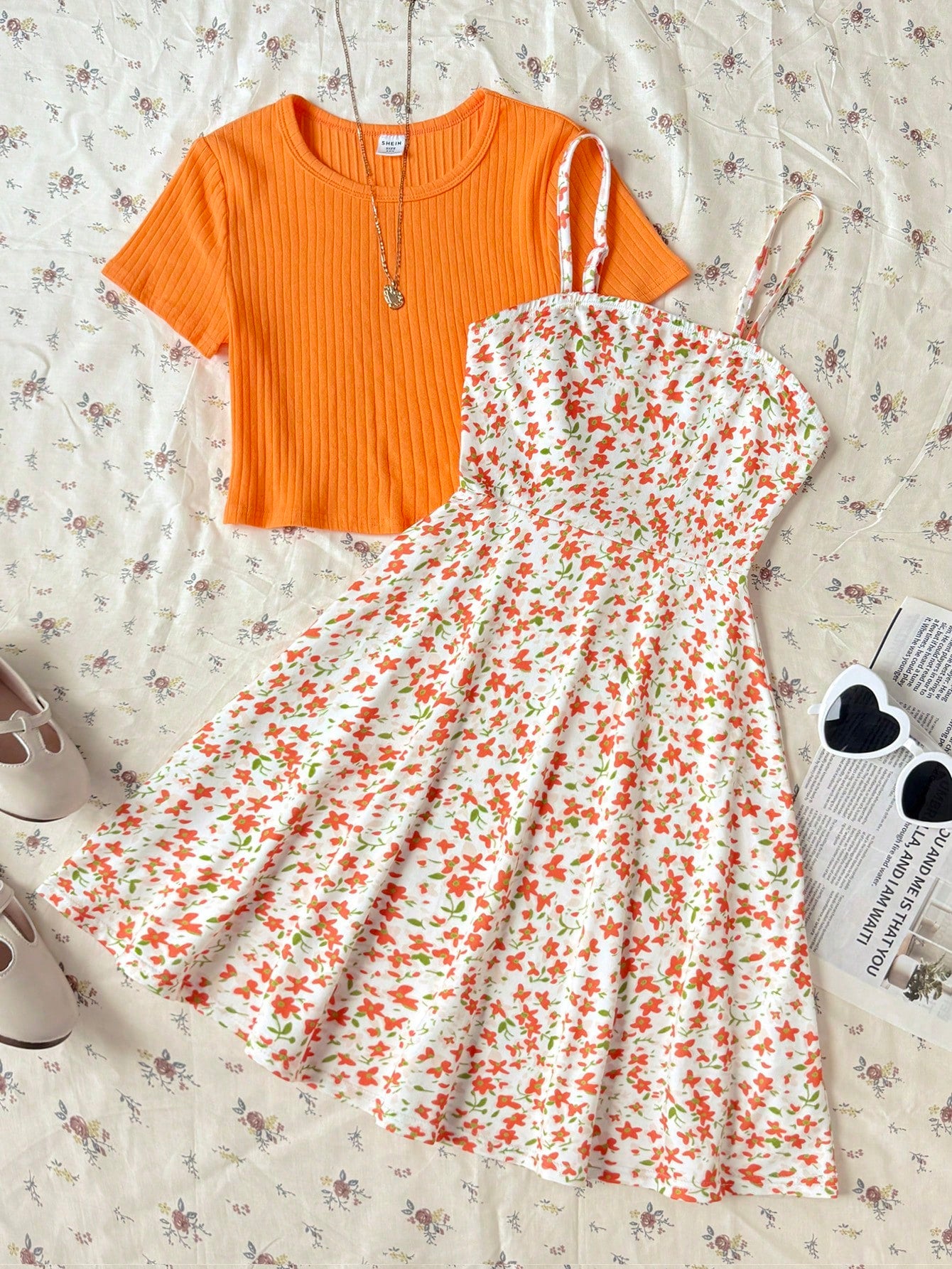 Tween girls' black and white ditsy floral plant print high waist flared camisole dress with a short sleeve t-shirt set.