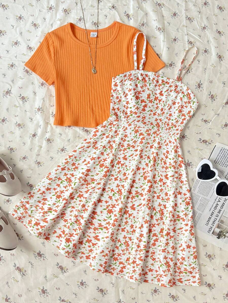 Tween girls' black and white ditsy floral plant print high waist flared camisole dress with a short sleeve t-shirt set.