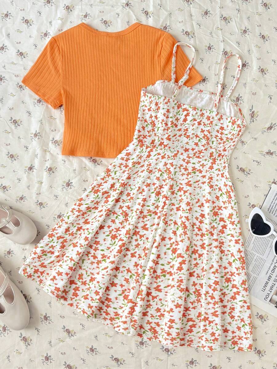 Tween girls' black and white ditsy floral plant print high waist flared camisole dress with a short sleeve t-shirt set.