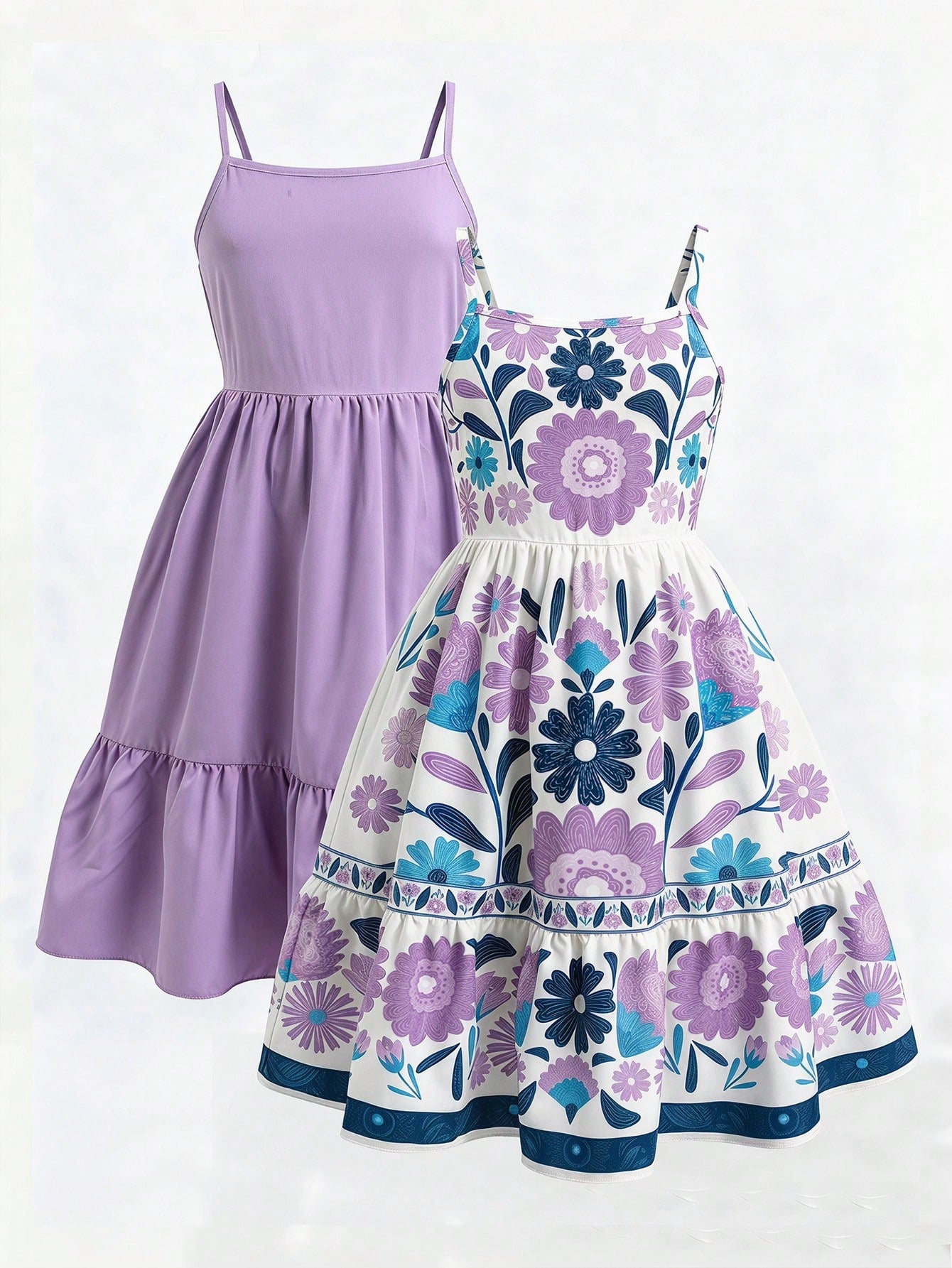 Tween girl blue plant print spaghetti strap cami dress with shirred high waist and flounce ruffled hem