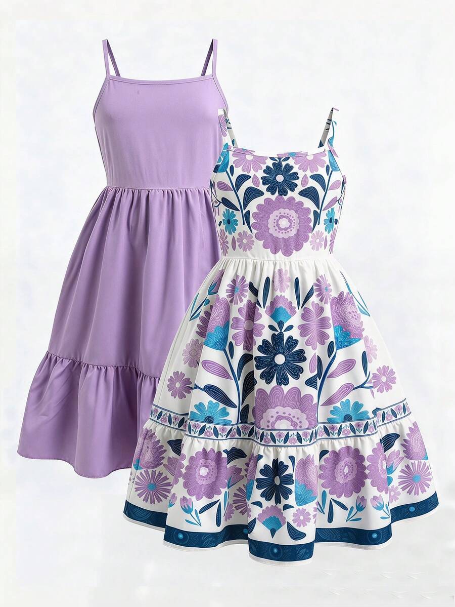 Tween girl blue plant print spaghetti strap cami dress with shirred high waist and flounce ruffled hem