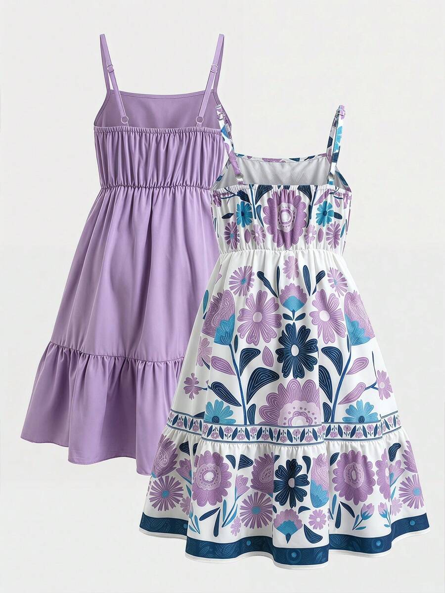 Tween girl blue plant print spaghetti strap cami dress with shirred high waist and flounce ruffled hem