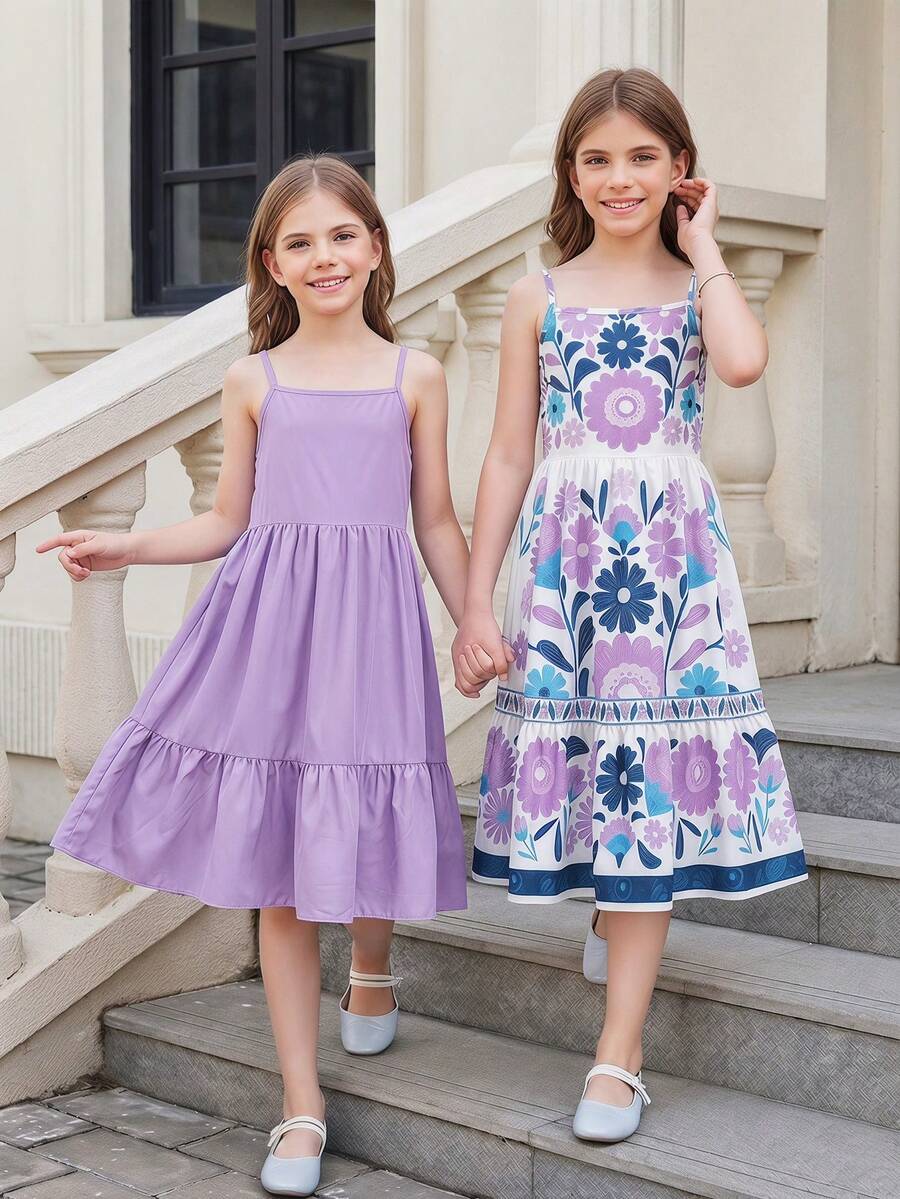 Tween girl blue plant print spaghetti strap cami dress with shirred high waist and flounce ruffled hem