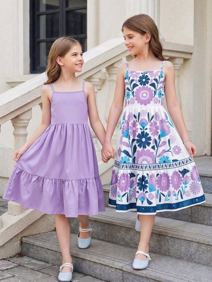 Tween girl blue plant print spaghetti strap cami dress with shirred high waist and flounce ruffled hem
