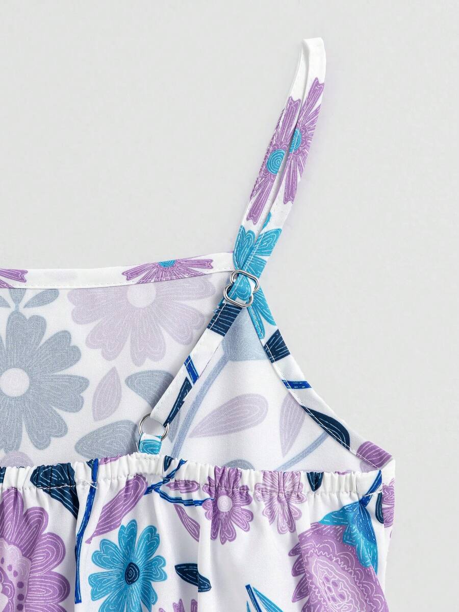 Tween girl blue plant print spaghetti strap cami dress with shirred high waist and flounce ruffled hem