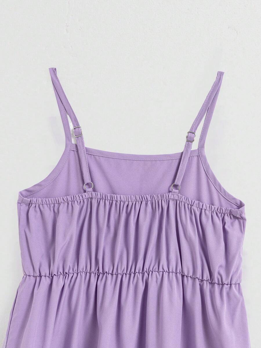 Tween girl blue plant print spaghetti strap cami dress with shirred high waist and flounce ruffled hem