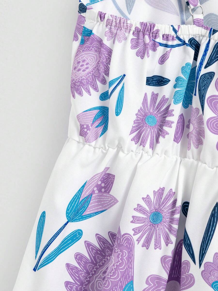 Tween girl blue plant print spaghetti strap cami dress with shirred high waist and flounce ruffled hem