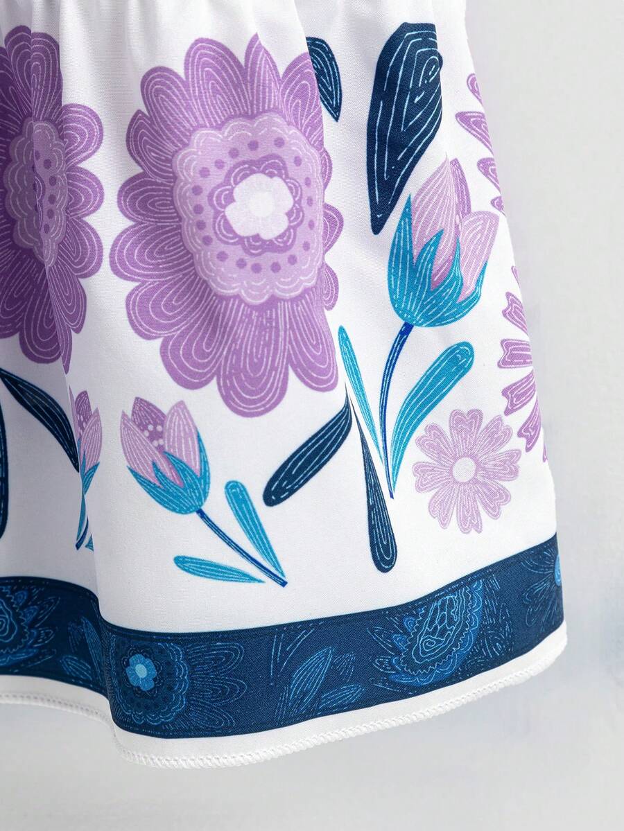 Tween girl blue plant print spaghetti strap cami dress with shirred high waist and flounce ruffled hem