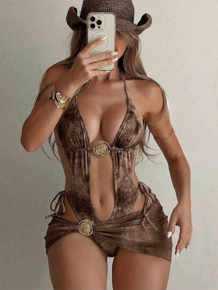 Women's brown two-piece swimsuit set with a halter deep V monokini, tie-side bottoms, backless detailing, and a matching short skirt.