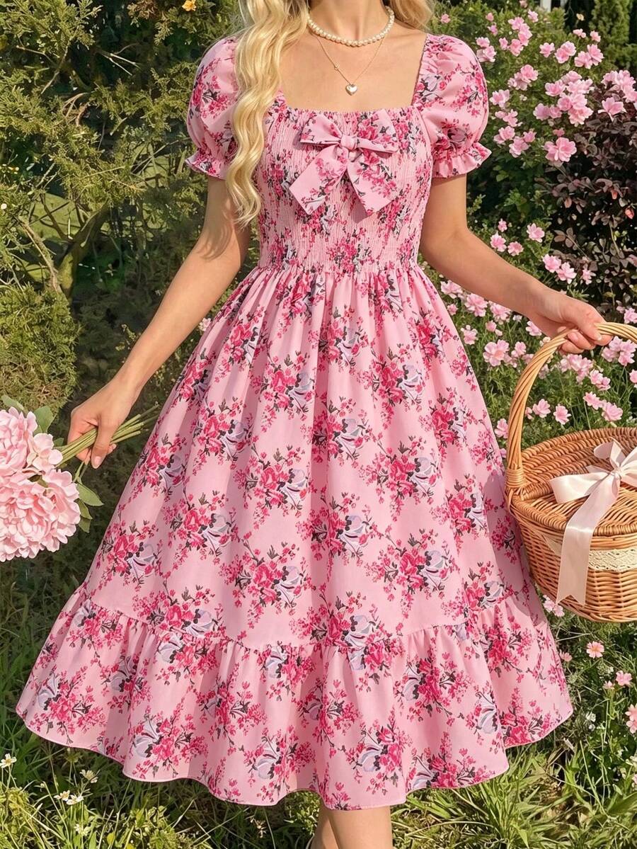 ChillGRL square neck short puff sleeve A-line long dress for teen girls featuring shirred high waist detailing and a flounce hem.