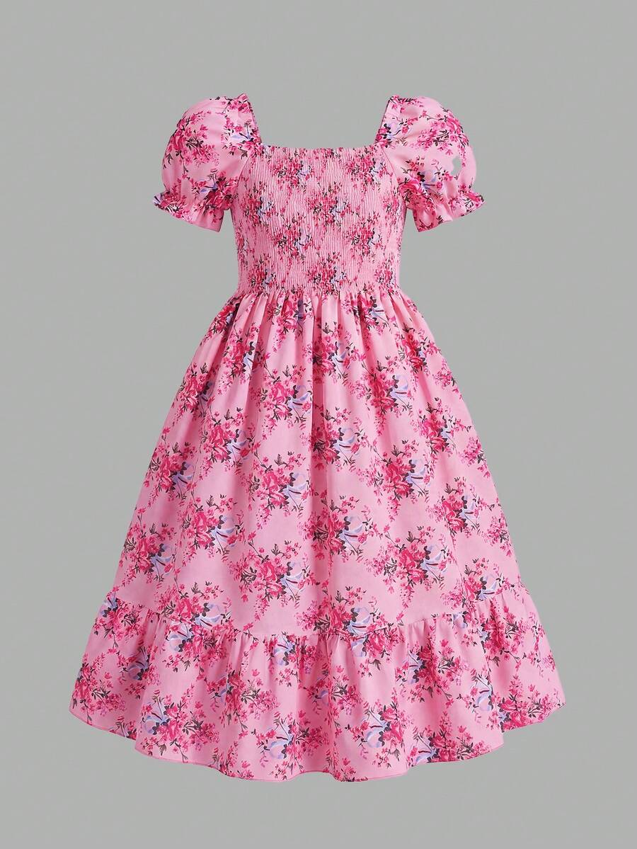 ChillGRL square neck short puff sleeve A-line long dress for teen girls featuring shirred high waist detailing and a flounce hem.